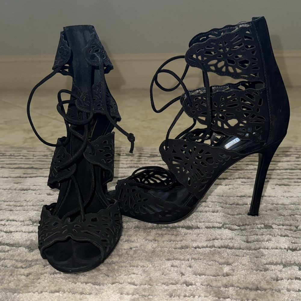 Schutz black lazer cut lace up heels